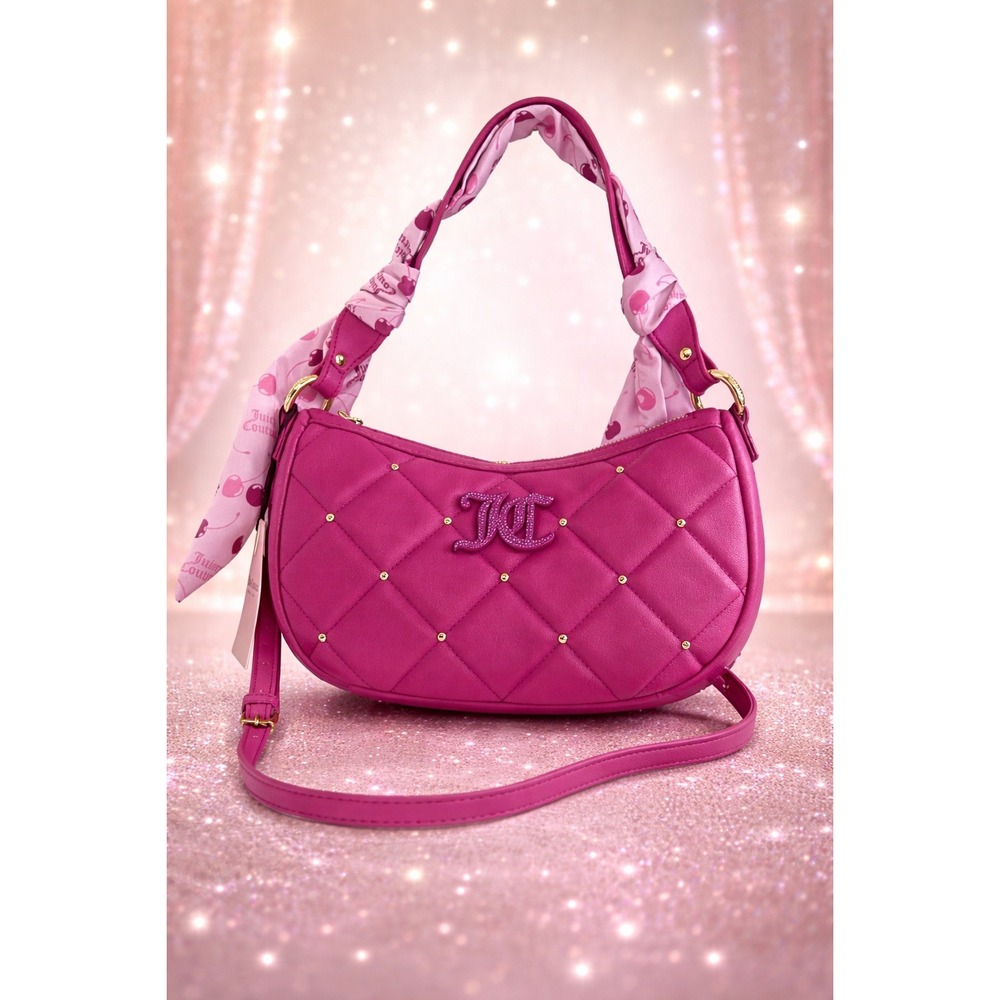 Juicy Couture Raspberry Tart Pink Quilted Hobo Bag Scarf Handle Crossbody NEW